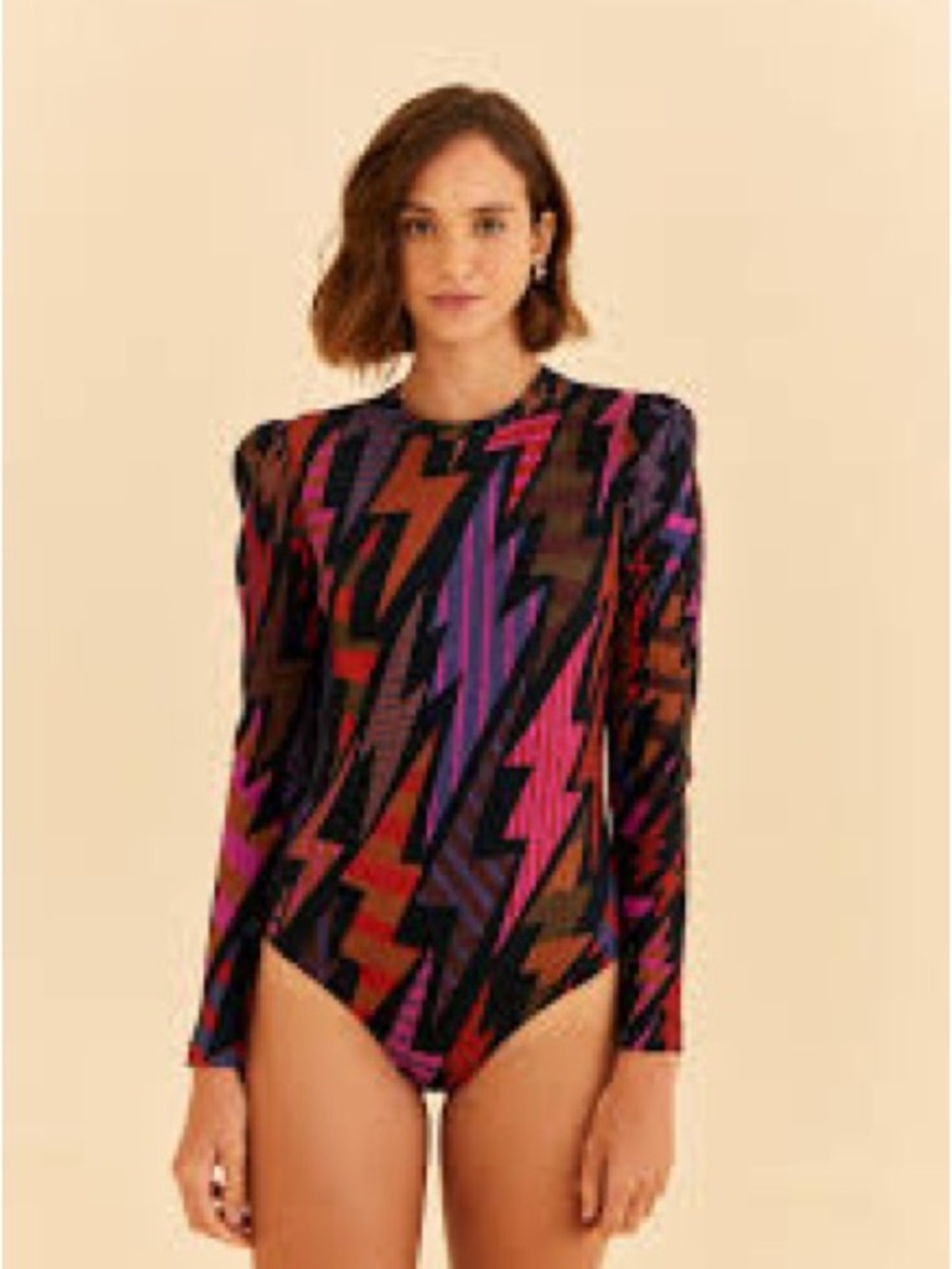 FARM Rio Lightning Graphic Long-Sleeve Bodysuit in Pink, Purple, Black, Brown
